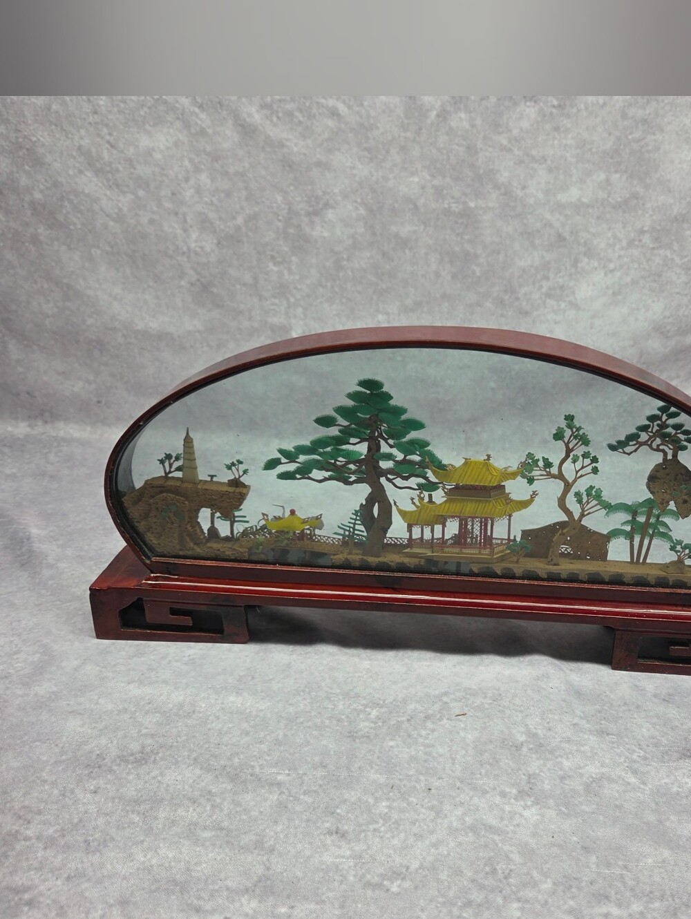 Vintage Chinese Cork Carving Diorama Pagoda With Cranes Lacquered Shadowbox Mcm